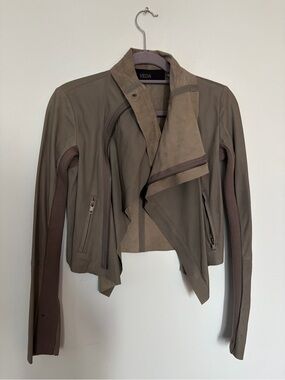 VEDA Taupe Leather Draped Moto Jacket - Small